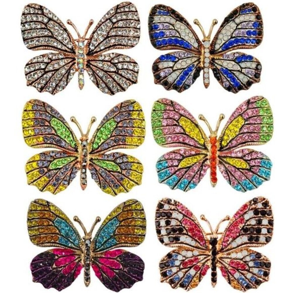 Sparkling Rhinestone Butterfly Brooch Pins – 6-Piece Colorful Crystal Set